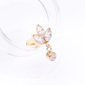 Detail View 1 of Implant Grade Titanium Golden Marquise Flower Sparkle Dangle Internally Threaded Flat Back Stud Labret-Clear Gem